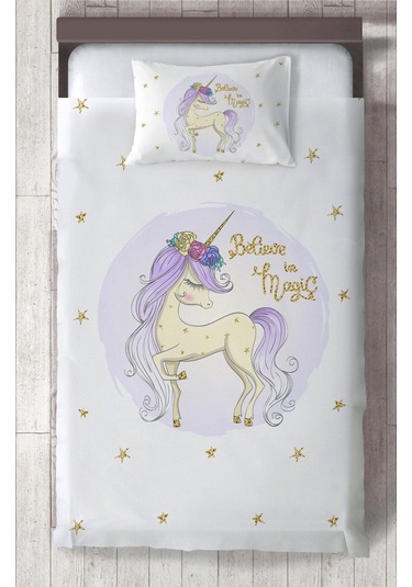 Mekta Home Bebek Ve Çocuk Odası Yıldızlı Mavi Unicorn Desenli Yatak Örtüsü Renkli