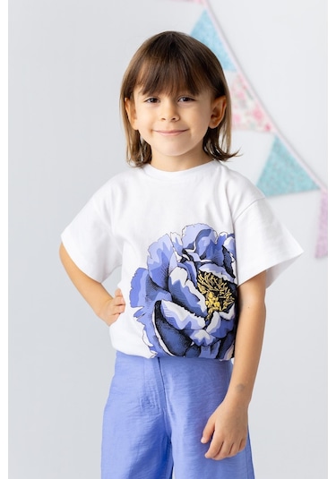 Zeyland Kız Çocuk Gül Baskılı Tshirt-mavı Mavi