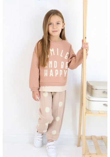 Kız Çocuk Smile And Happy Baskılı Kalın Eşofman Takımı Açık Kahverengi