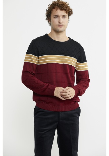 Blok Desen Sıfır Yaka Triko Kazak - Bordo 001