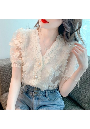 Zarif V Yaka Stereo Çiçek Dantel Şifon Gömlek Kadın 2023 Kısa Kollu Bluz Rahat Sweet 27434 Sayesinde İki Parçalı Tops Kayısı Zarif V Yaka Stereo Çiçek Dantel Şifon Gömlek Kadın 2023 Kısa Kollu Bluz Rahat Sweet 27434 Sayesinde İki Parçalı Tops Kayısı