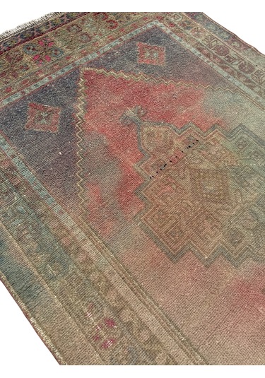 El Dokuması Vintage Taşpınar Halısı 128x248 Renkli Eskitme Halı Renkli