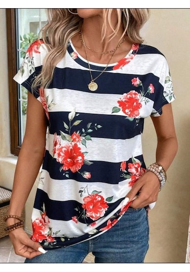Kadın Çiçek Desenli Yatay Şeritli Bisiklet Yaka Tişört S