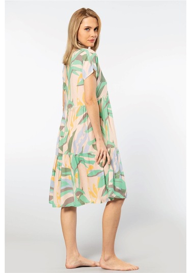 Türen 3602 Kadın Kısa Kollu Dokuma Kloş Elbise-yeşil Yeşil