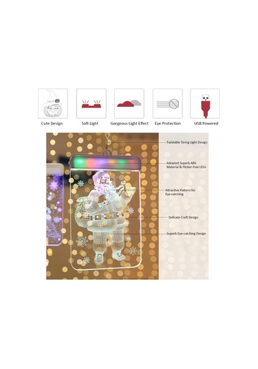 Ximistore9 Led Noel 3d Askı Lambası - Renkli Sürekli Aydınlatma, Ev Pencere Dekorasyonu, Kar Tanrısı Desenli