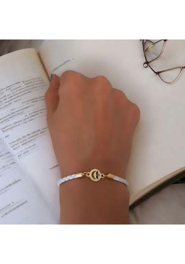 Archin Kuğu Temalı Ay Motifli 14 Ayar Altın Plakalı Doğal Beyaz Derili Hediye Bileklik-477sembol Kuğu Sembolü