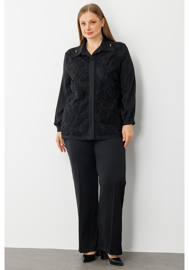 Moda İlgi Kadın Büyük Beden Yaprak Desenli Boncuk Detaylı Takma Kol Gömlek 0052 Siyah Siyah