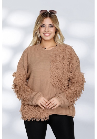 Newco Kadın Patchwork Tasarımlı Dokulu Triko Kazak - Oversize Ve Rahat Formlu - Bej Bej
