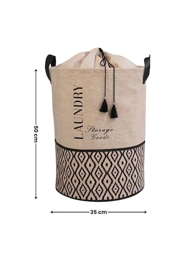 Flora Torbalı Çamaşır Oyuncak Sepeti, Ağzı Büzgülü Dekoratif Saklama Sepeti 35x50cm Bej