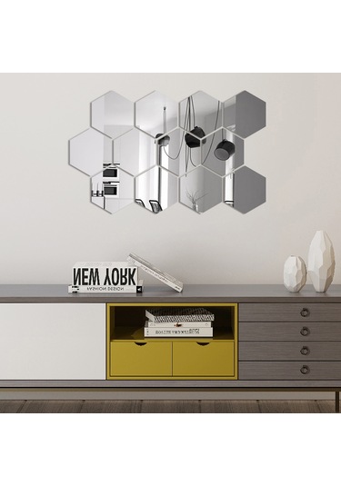 Mufunye 12 Adet Silver Akrilik Hexagon Yansıta Duvar Sticker - Dıy Ev Dekorasyonu, Çocuk Odası/yatak Odası/banyo Uygun, Kolay Kurulum, 20x17x10cm Gümüş