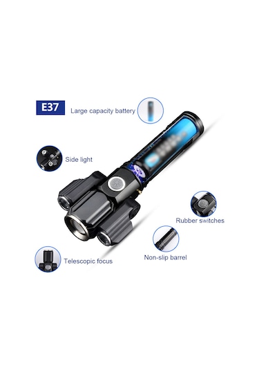 Teltree Alüminyum Led Feneri, Üç Lamba Başlı, Bisiklet Uyumlu, Ipx6 Su Geçirmez, 250 Lumens, Gönüllü Yakınlaştırma, 6-8 Saat Kullanim Süresi Seti 1 Batarya + 1 Usb Kablosu Siyah