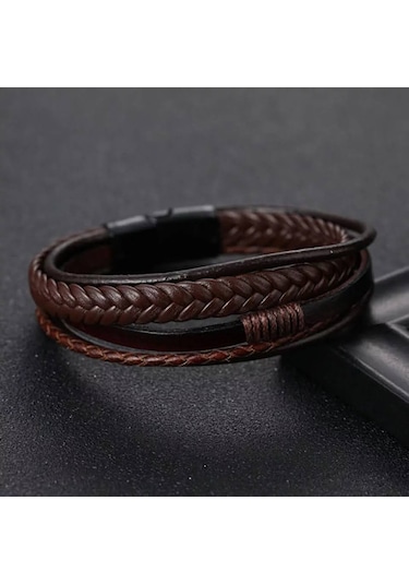 Erkek Hakiki Deri Bileklik Kahverengi Çelik Toka Bileklik Db5027 Kahverengi