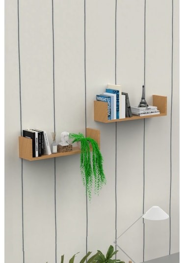 Ahşap Dekoratif Duvar Rafı İkili