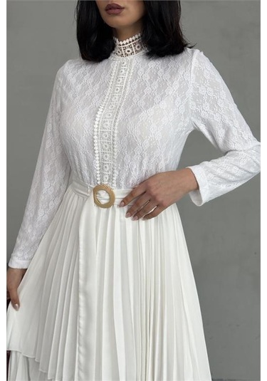 Dipmoda Kadın Krep Kumaş Dantel Detaylı Kemerli Uzun Elbise Dpms2525 Beyaz