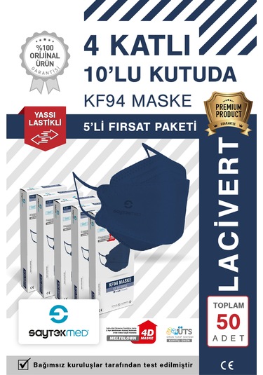 Kf94 Kore Tipi, 4 Katlı, Lacivert Maske, Uv Steril 5 Kutu/50 Ad
