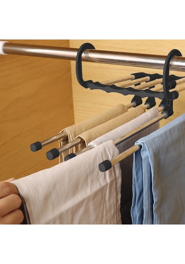 Hangfox Stainless Çelik Kaydırmalı Pantolon Asıcı, 5 Katlı Genişletilebilir, Kayma Engellli, Dolap Taşınması Kolay, Siyah 2 Adet Siyah