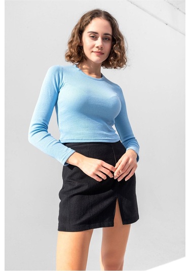 Gri Uzun Kollu Fitilli Bluz Crop Örme T-shirt Bebe Mavisi