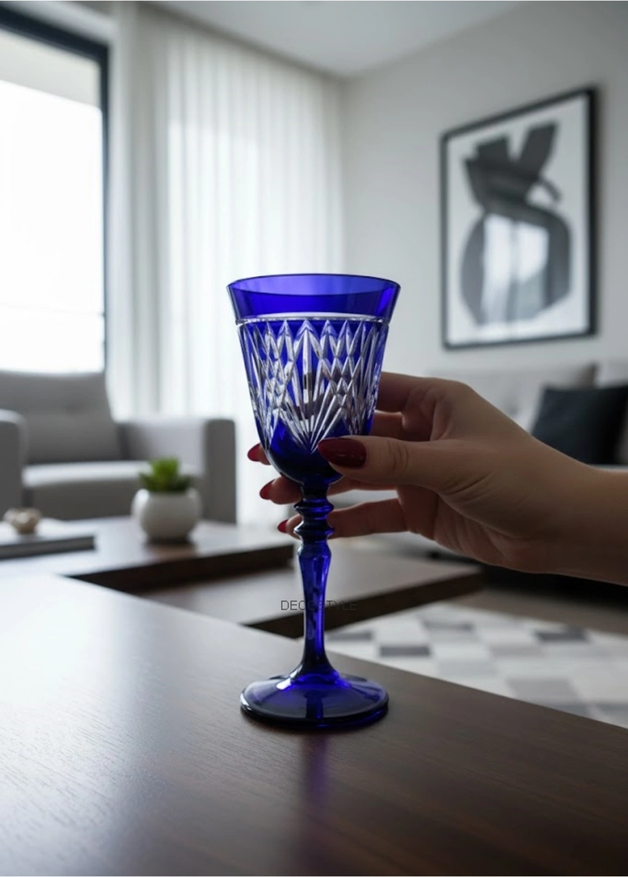Bella El Kesmesi Cam Kadeh Bardak Paşabahçe Kristal Dekor Kobalt Mavi