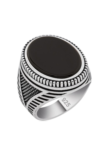 925 Ayar Gümüş Düz Oniks Taşlı Yüzük