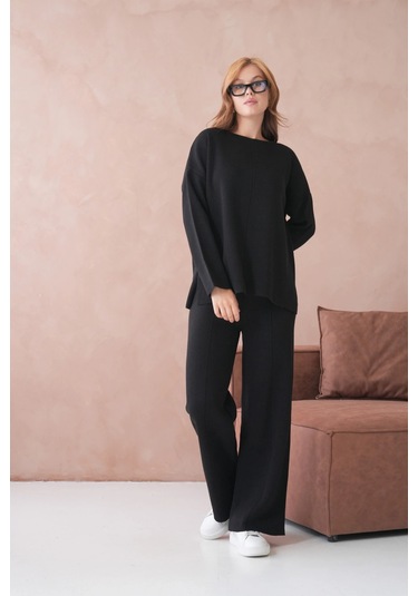 Kadın Bisiklet Yaka Düşük Kol Kazak Pantolon İkili Triko Takım Siyah