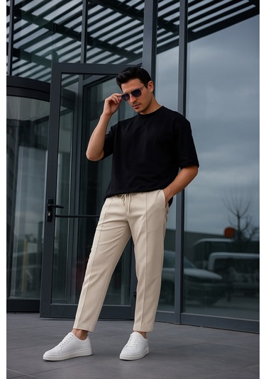 Erkek Vizon Renk Esnek Likralı Fermuar Detaylı Jogger Pantolon-1805 Vizon