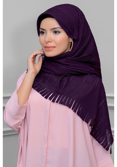 Mürdüm Arkadan Bağlamalı Tesettür Eşarp Kesik Elyaf Piliseli Saça (545491473) Mürdüm