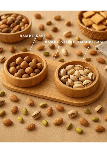 2 Li Bambu Standlı Lüx Sunum Çerezlik Servis Kasesi Lokumluk Şekerlik Bambu
