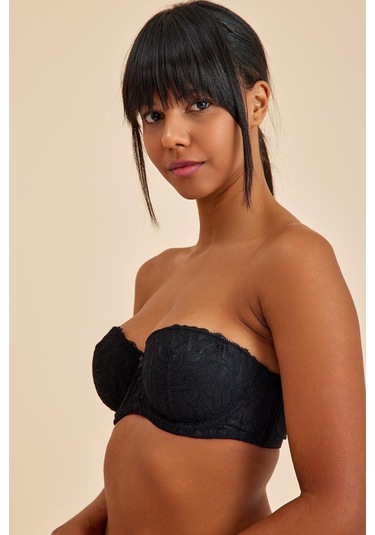 Amy Siyah Balenli Dantelli Dolgusuz Pedli Toparlayıcı Straplez Sütyen siyah