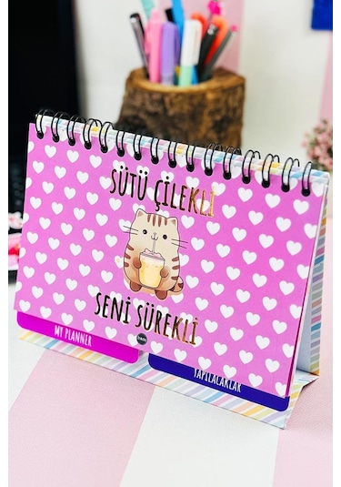 Sütü Çilekli Tasarımlı Yeni Nesil Masa Üstü Planner 2 Sayfa Sticker Çok Renkli