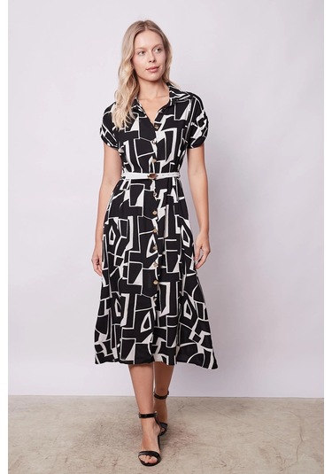 Kadın Desenli Yakalı Düşük Omuzlu Duble Kol Kemerli Midi Boy Elbise Deri Kemer Dahil -siyah Desen Siyah Dsn.