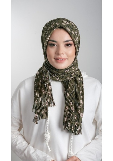 Haki Pratik Hazır Geçmeli Tesettür Eşarp Kesik Elyaf Piliseli Çiç (553630037) Haki