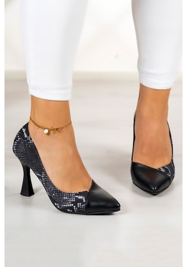 Jatqılı Plus Siyah Yılan Kadeh Topuklu Ayakkabı Siyah Yılan
