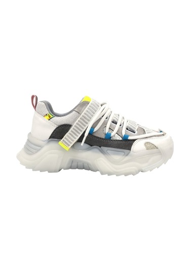 Beyaz London Asimetrik Bağcıklı Şeffaf Kalın Taban Kadın Spor Ayakkabı Beyaz Beyaz