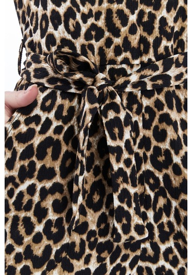 Kadın Krep Beli Kemerli Ve Fermuarlı Tulum-leopar Leopar