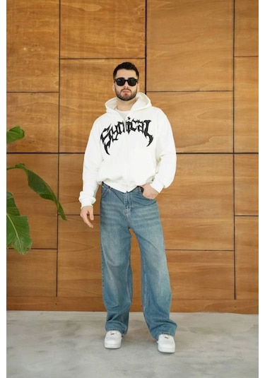 Mbb E-ticaret Erkek Kapüşonlu 3 İplik Şardonlu Önü Baskılı Fermuarlı Oversize Sweatshirt - Beyaz