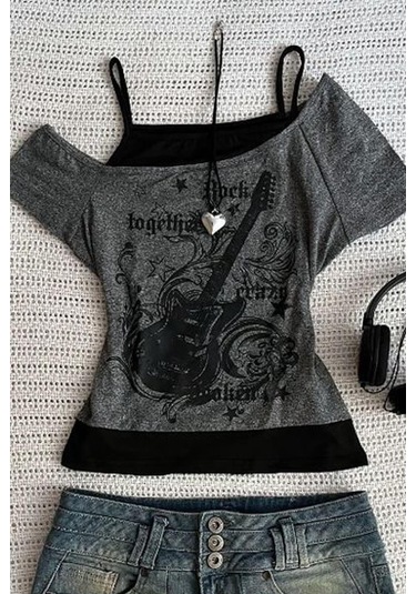 Antrasit Vintage Guitar Açık Yaka Gotik Y2k Ek Askılı Crop-17976 Antrasit