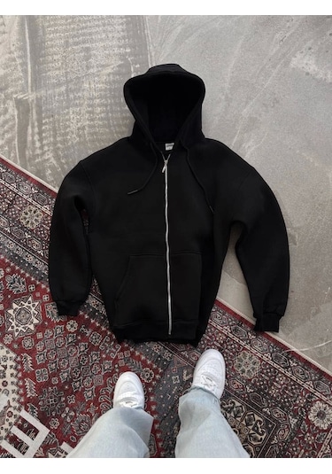 Leyla Sanat Sanata Yeni Bir Bakış Açısı Oversize Tam Fermuarlı Uzun Kol Hırka - Siyah Siyah