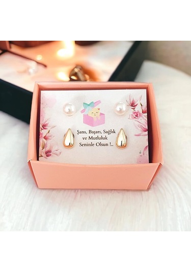 Şık İncilli Damla Çelik Küpe - Kararmaz, Antialerjik -yeni Moda Gold Kaplama