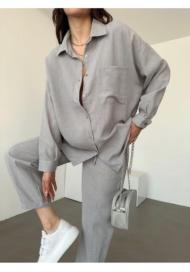 Kadın Oversize Keten Gömlek Pantolon Alt Üst Takım Gri
