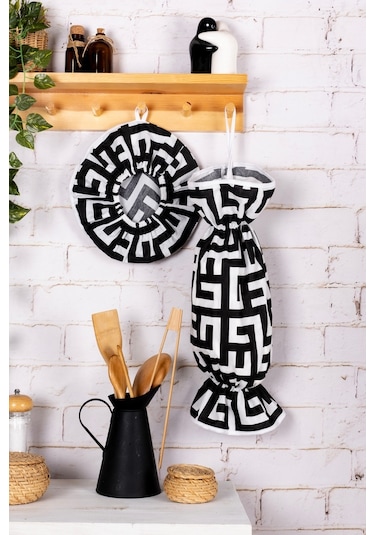 6 Parça Mutfak Seti & Mutfak Önlüğü , Fırın Eldiveni , 2li Tutacak , Organizer Poşetlik , Demlematiksiyah Labirent