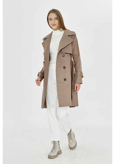 Pastelastore Esnek Pamuk Gabardin Midi 95cm Astarsız Kadın Trençkot 1118 Vizon