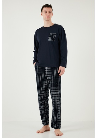 Buratti Ekoseli Cepli Beli Lastikli % 100 Pamuk Regular Fit Erkek Pijama Takımı 6572001 Lacivert-Yeşil