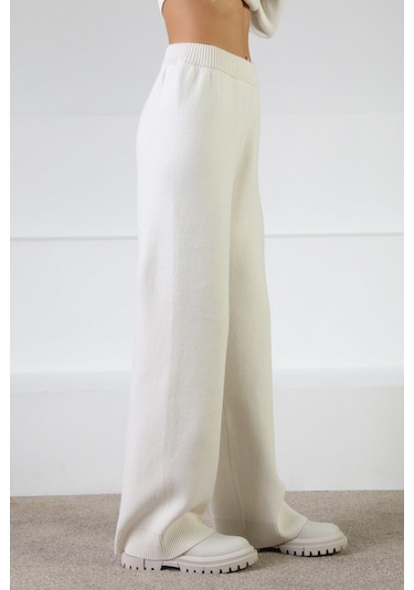 Ferraro Ekru Yüksek Bel Cepsiz Kaşmirli Kadın Triko Pantolon Ekru