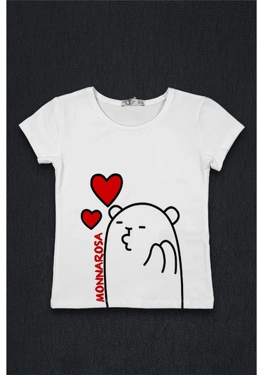 Kız Çocuk Beyaz Kalpli Ayıcık Detaylı Monna Rosa Yazılı Tişört Beyaz