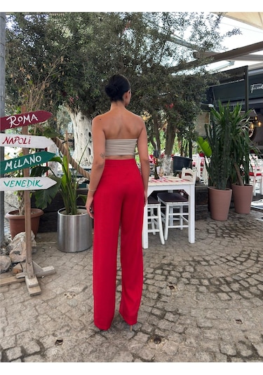 WeShaya Kırmızı Keten Karışımlı Düz Paça Pantolon Kırmızı