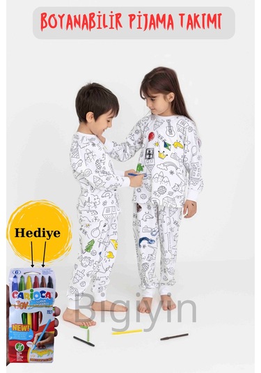 Boyanabilir Çocuk Pijama Takımı Kız Çocuk Pijama Erkek Çocuk Pijama Boya Beyaz