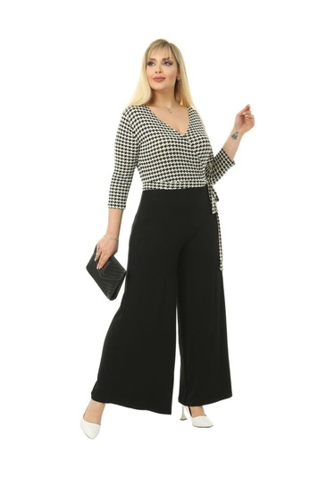 Melsay Butik Kruvaze Yaka Kazayağı Desen Büyük Beden Kadın Tulum