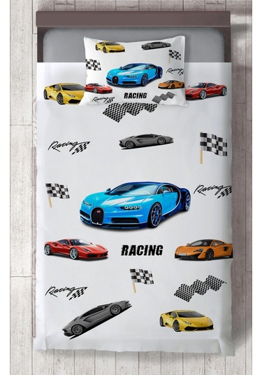 Mekta Home Bebek Ve Çocuk Odası Yarış Arabalaları Desenli Yatak Örtüsü Renkli