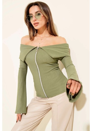 Omzu Açık Fermuarlı Bluz Haki T4330 Haki