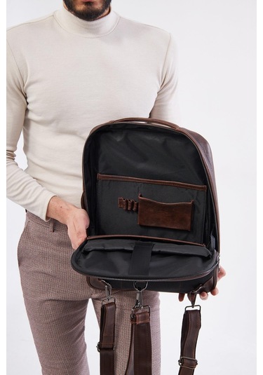 Derinss Dub3050 Hakiki Deri Kahverengi Organizerli Laptop Sırt Çantası 001